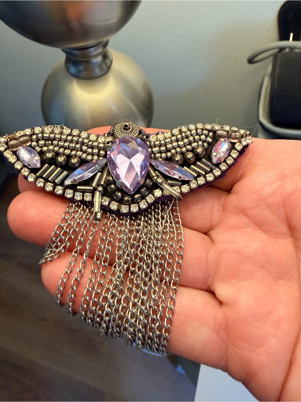 Lavender Crystal Fringe Statement Brooch Necklace
